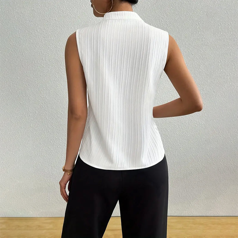 Women's Pleated Sleeveless Top - Notched V-Neck and Mock Collar Fit