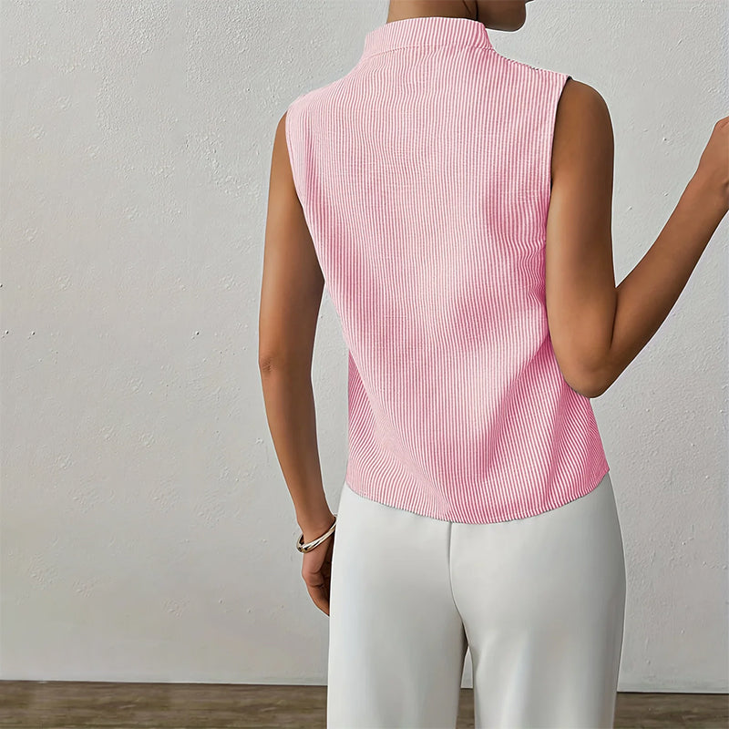 Women's Pleated Sleeveless Top - Notched V-Neck and Mock Collar Fit