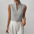 Women's Pleated Sleeveless Top - Notched V-Neck and Mock Collar Fit