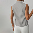 Women's Pleated Sleeveless Top - Notched V-Neck and Mock Collar Fit