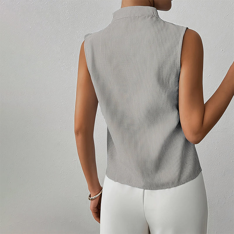 Women's Pleated Sleeveless Top - Notched V-Neck and Mock Collar Fit