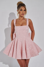 Women's Sequin Dress Square Neck Bow Mini Party