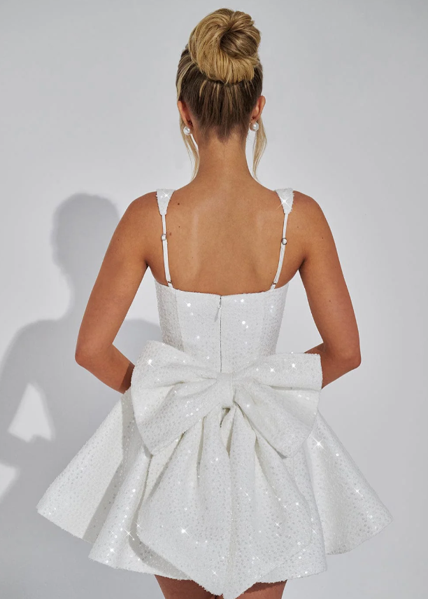 Women's Sequin Dress Square Neck Bow Mini Party