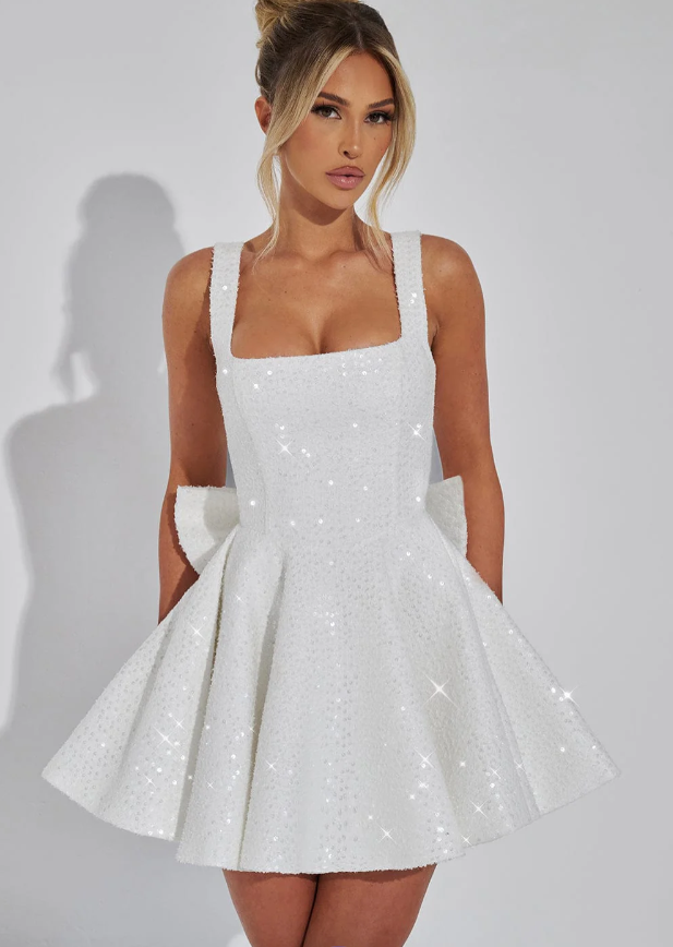 Women's Sequin Dress Square Neck Bow Mini Party