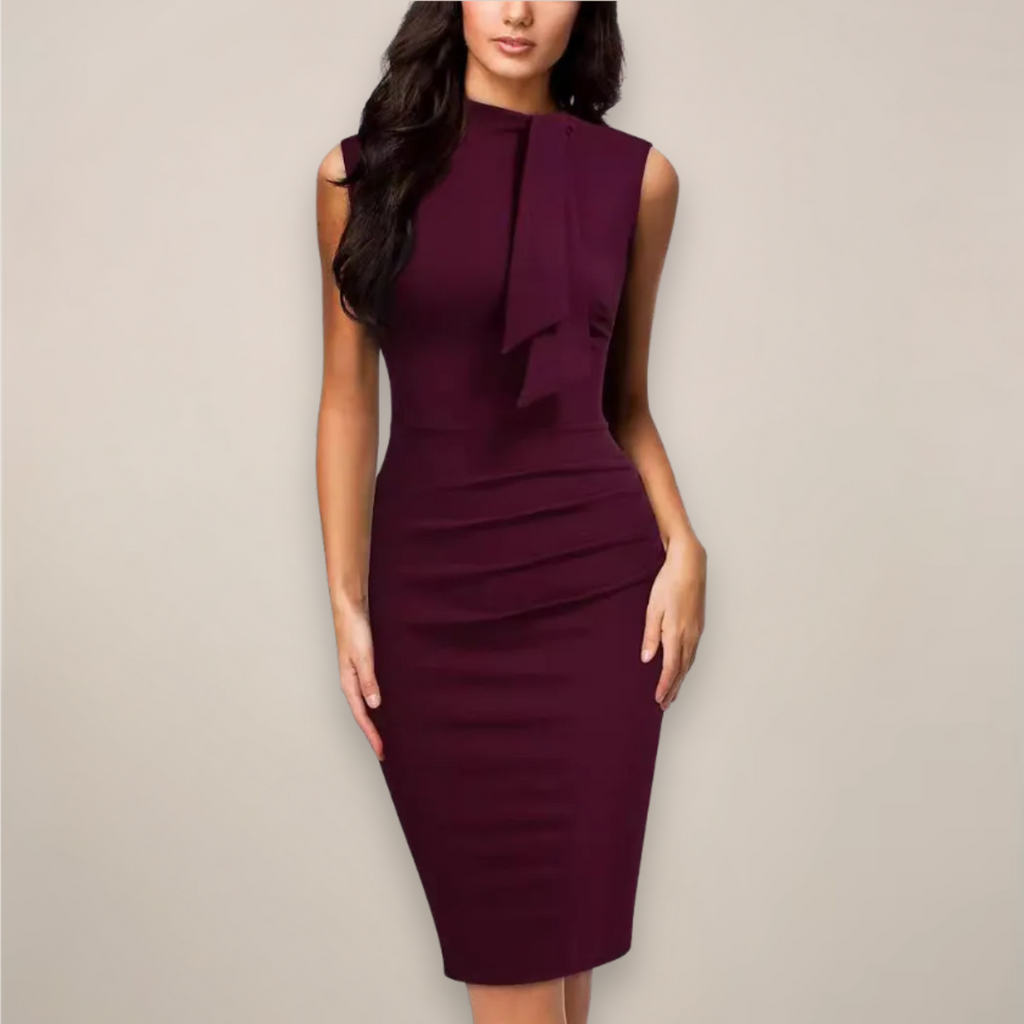 Women's Sleeveless Midi Dress - Mock Neck and Ruched Side Detail