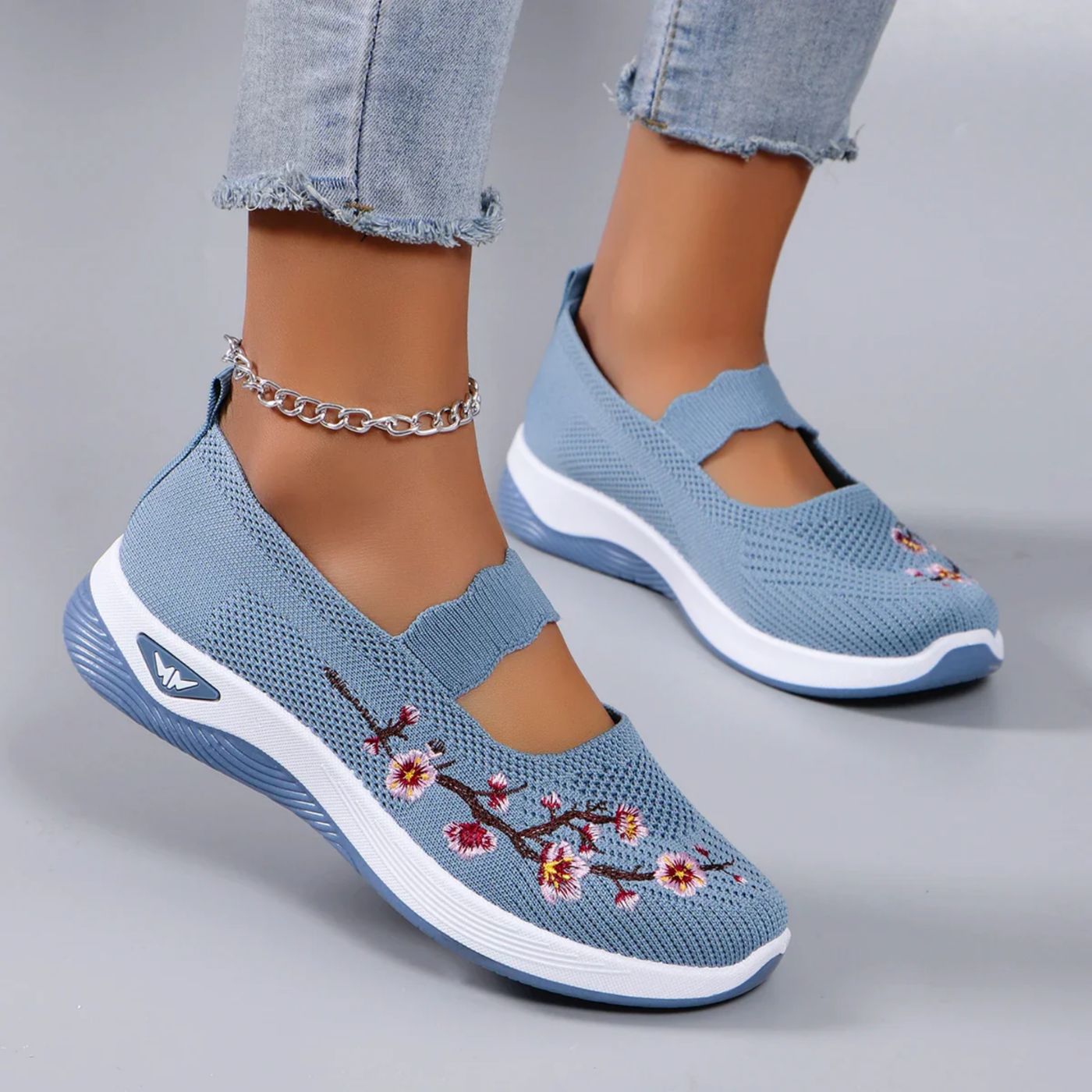 Women's Knit Slip-On Shoes - Floral Embroidery and Elastic Strap Fit