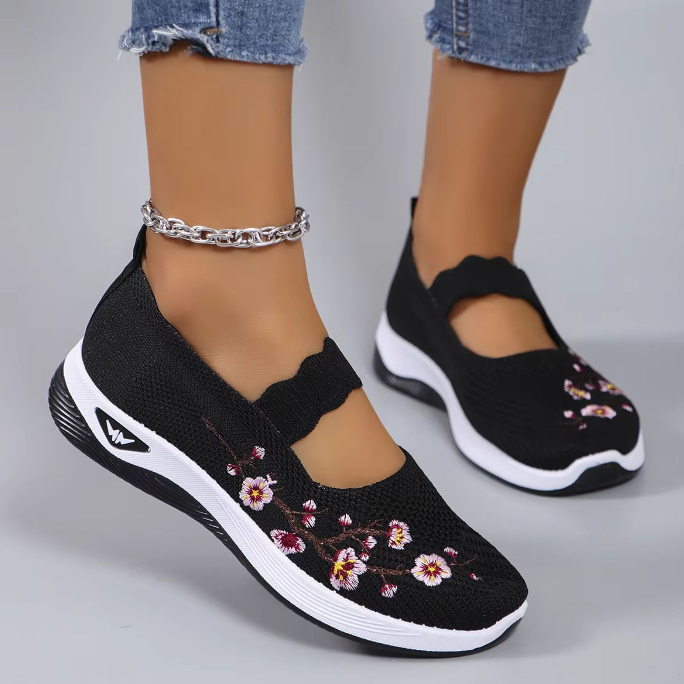 Women's Knit Slip-On Shoes - Floral Embroidery and Elastic Strap Fit