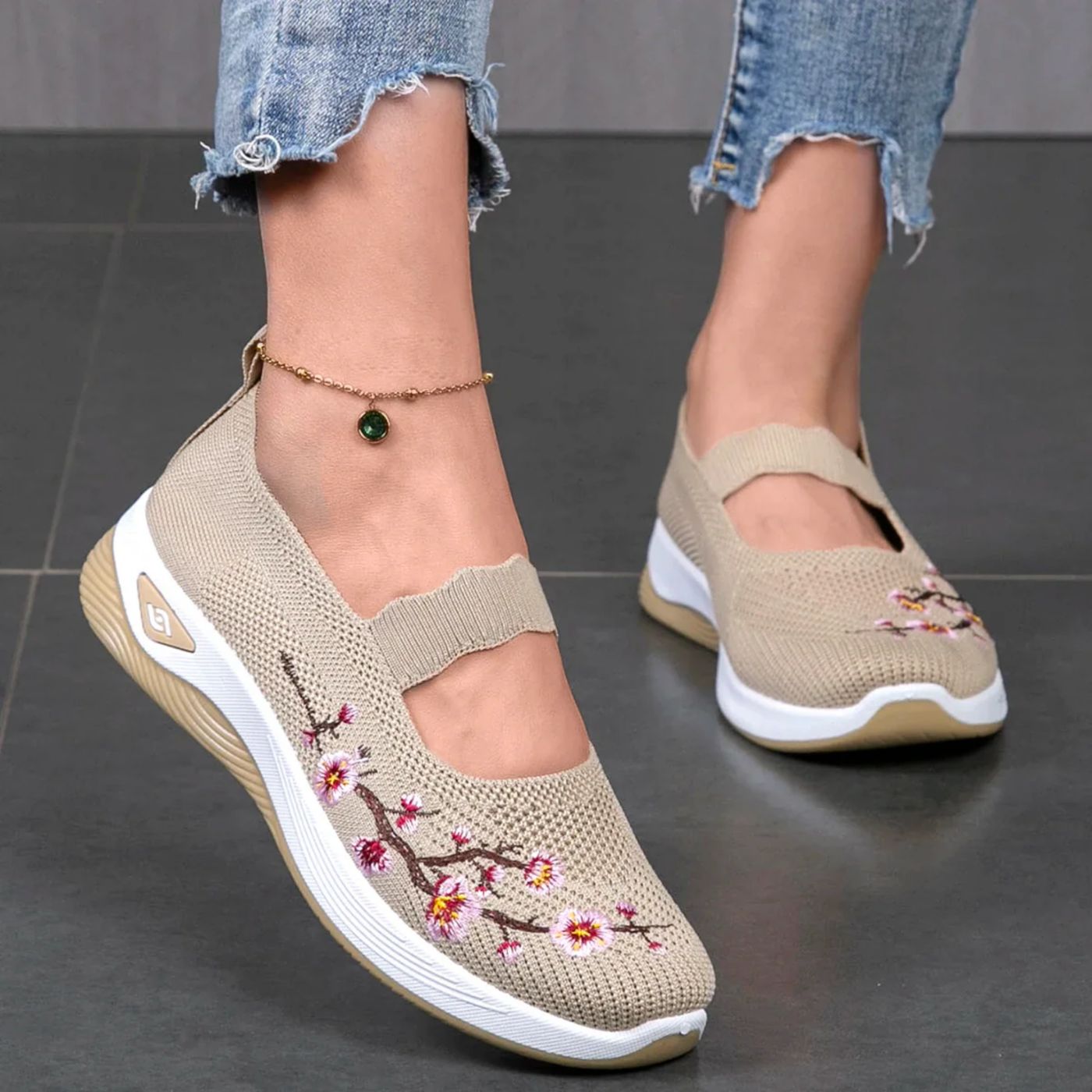 Women's Knit Slip-On Shoes - Floral Embroidery and Elastic Strap Fit