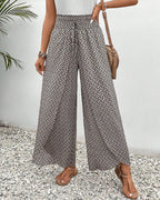 Women's Printed Wide-Leg Pants - Smocked Waist and Drawstring Detail