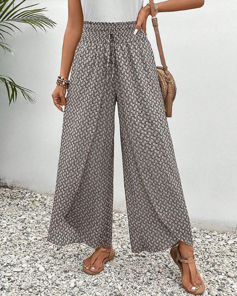 Women's Printed Wide-Leg Pants - Smocked Waist and Drawstring Detail
