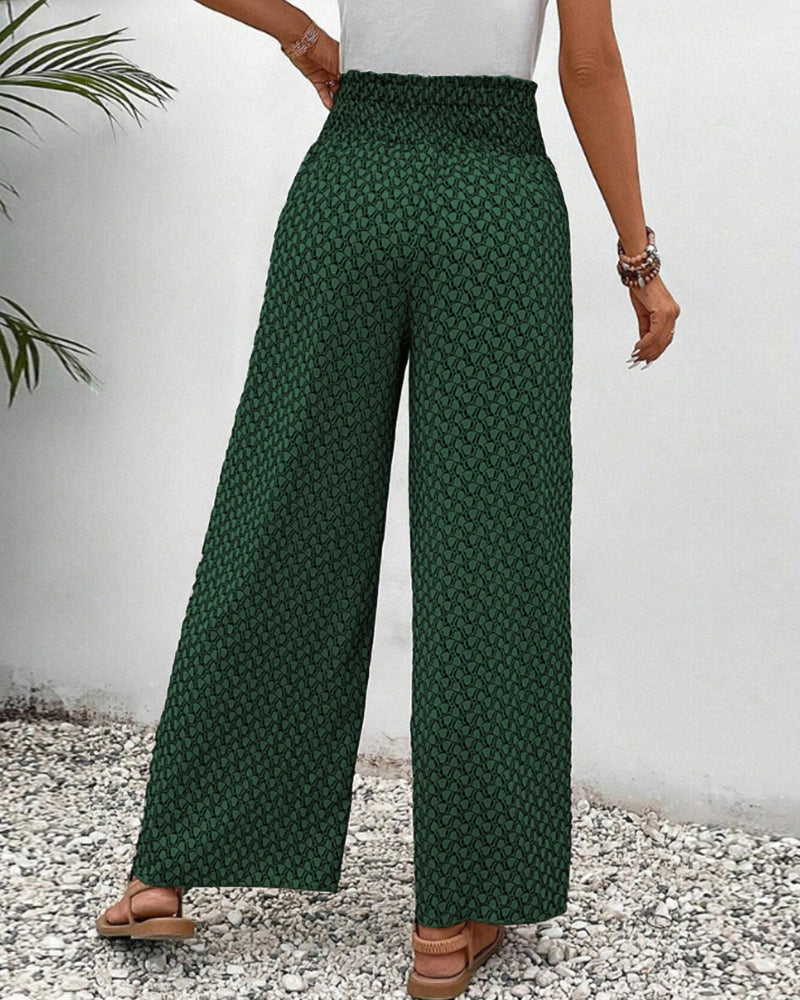 Women's Printed Wide-Leg Pants - Smocked Waist and Drawstring Detail