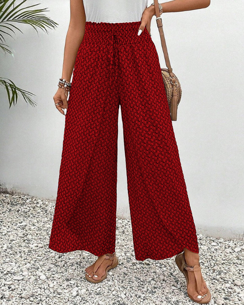 Women's Printed Wide-Leg Pants - Smocked Waist and Drawstring Detail