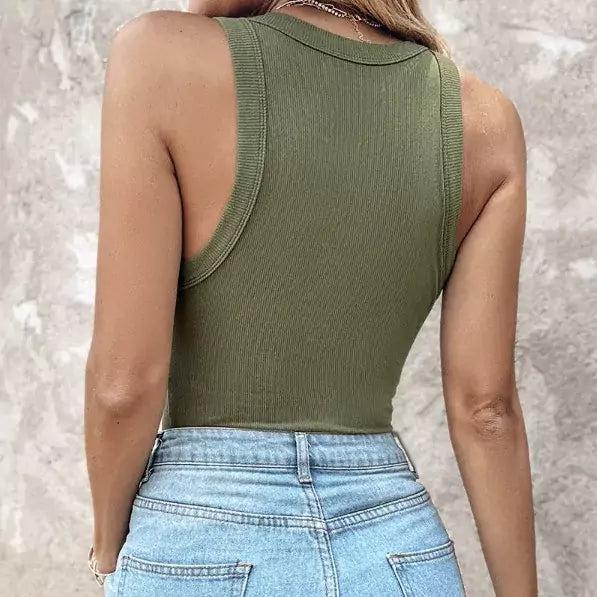 Women's Ribbed Tank Top - Round Neck and Built-In Bra Support