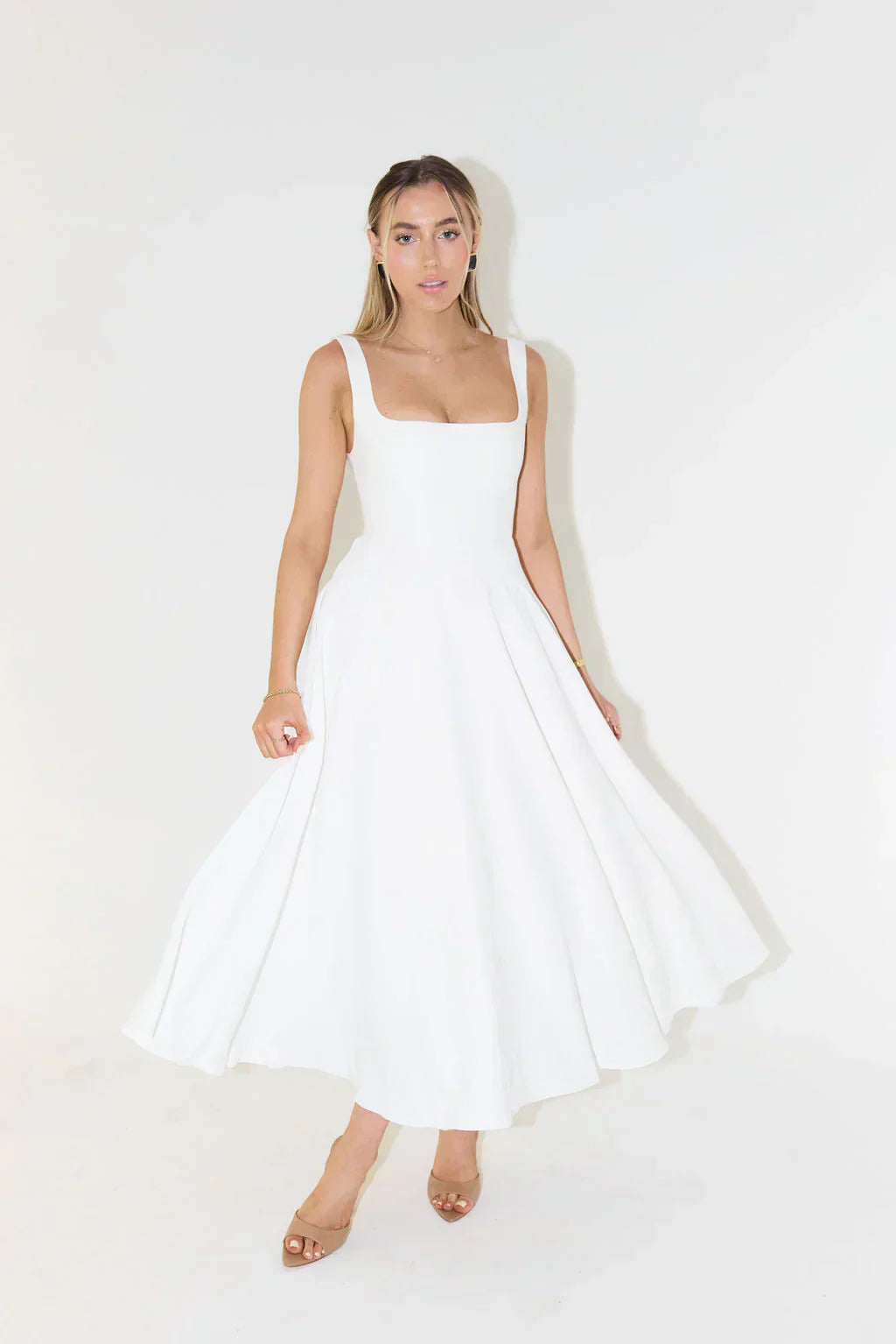 Women's Midi Dress - Square Neck and Pleated Skirt Detail