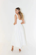 Women's Midi Dress - Square Neck and Pleated Skirt Detail