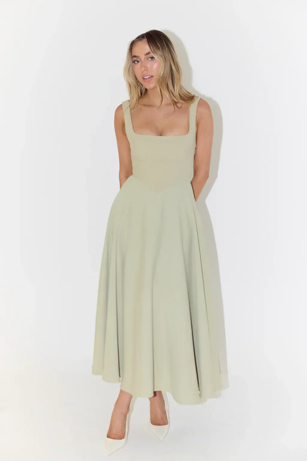Women's Midi Dress - Square Neck and Pleated Skirt Detail