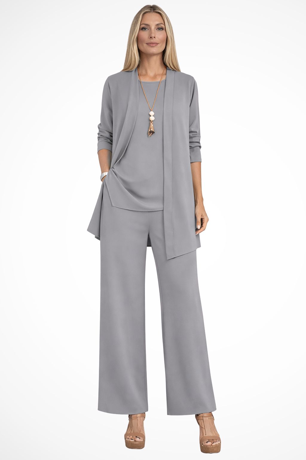 Women's Three-Piece Pant Set - Open-Front Cardigan and Wide-Leg Fit