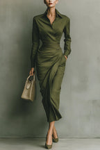 Women's Green Midi Dress - Point Collar and Wrapped Waist Detail