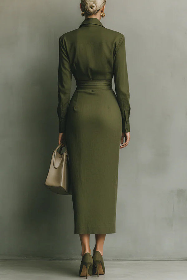 Women's Green Midi Dress - Point Collar and Wrapped Waist Detail
