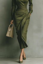 Women's Green Midi Dress - Point Collar and Wrapped Waist Detail