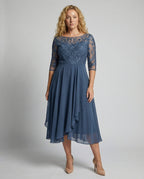 Women's Lace Bodice Midi Dress - Boat Neck and Ruffled Hem Detail