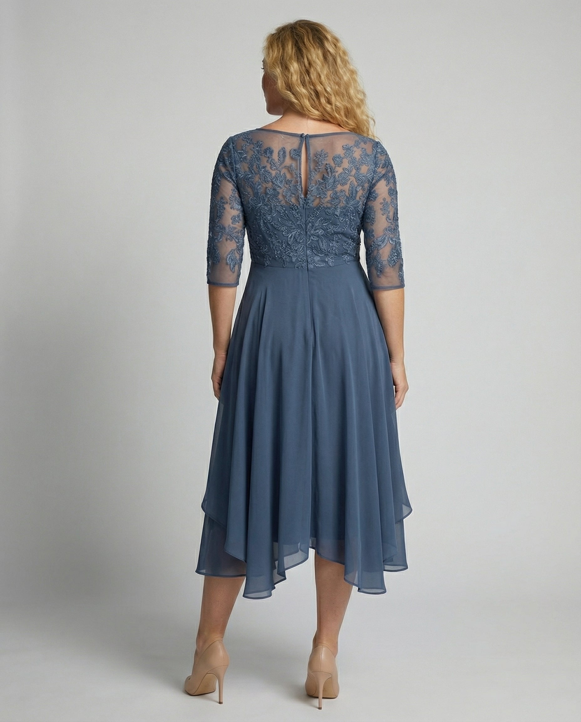 Women's Lace Bodice Midi Dress - Boat Neck and Ruffled Hem Detail