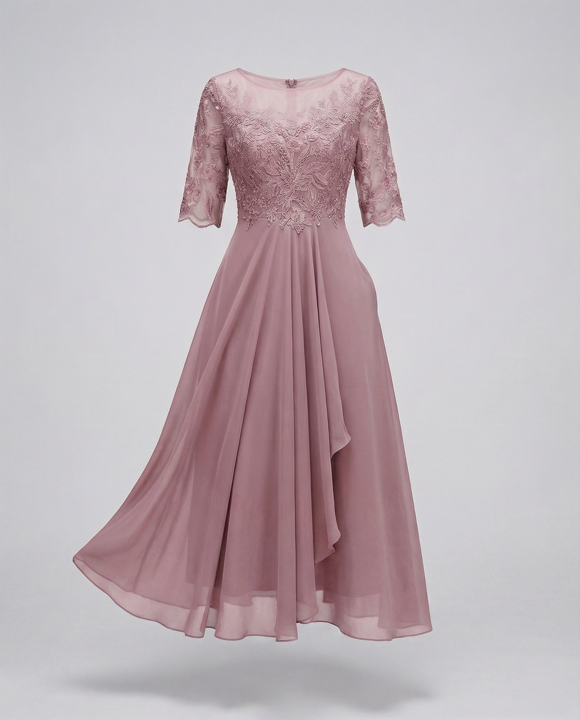 Women's Lace Bodice Midi Dress - Boat Neck and Ruffled Hem Detail