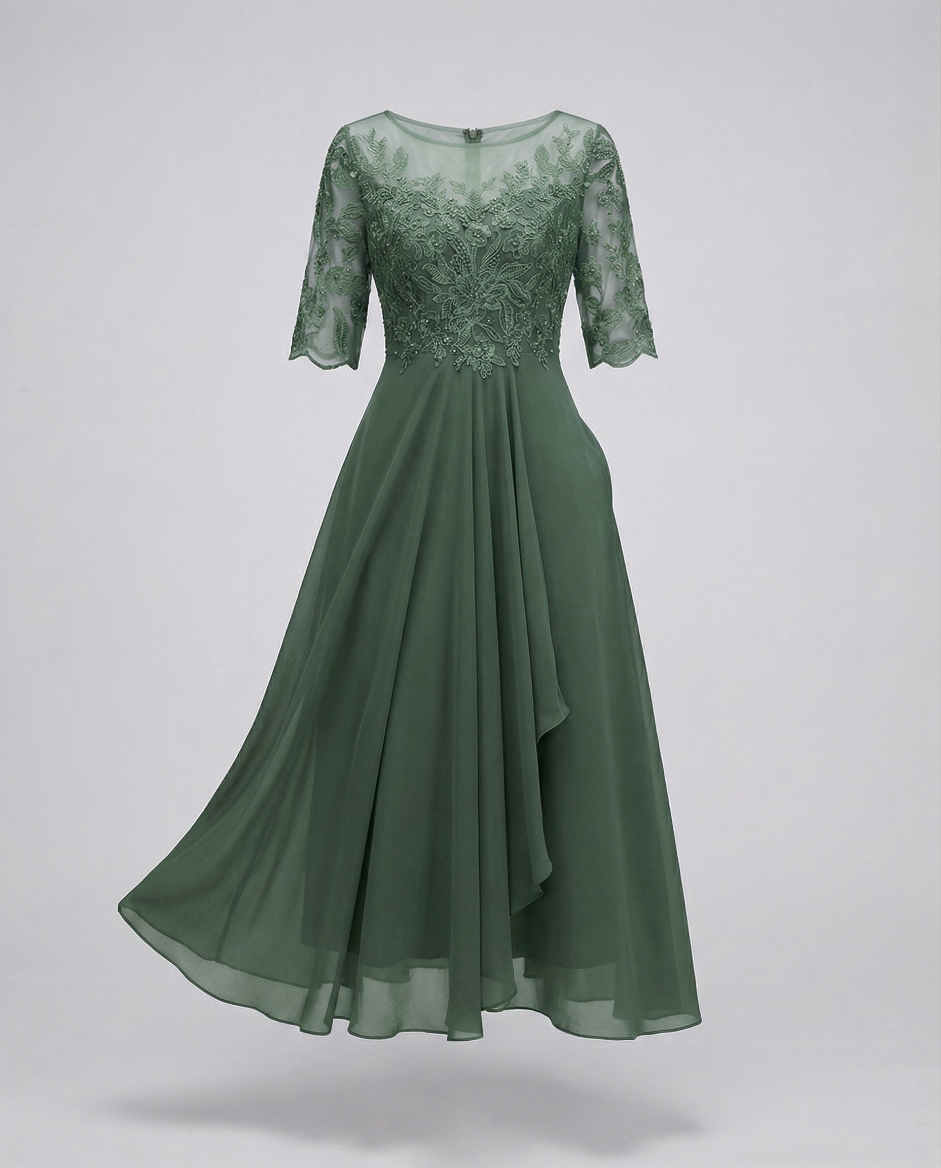 Women's Lace Bodice Midi Dress - Boat Neck and Ruffled Hem Detail