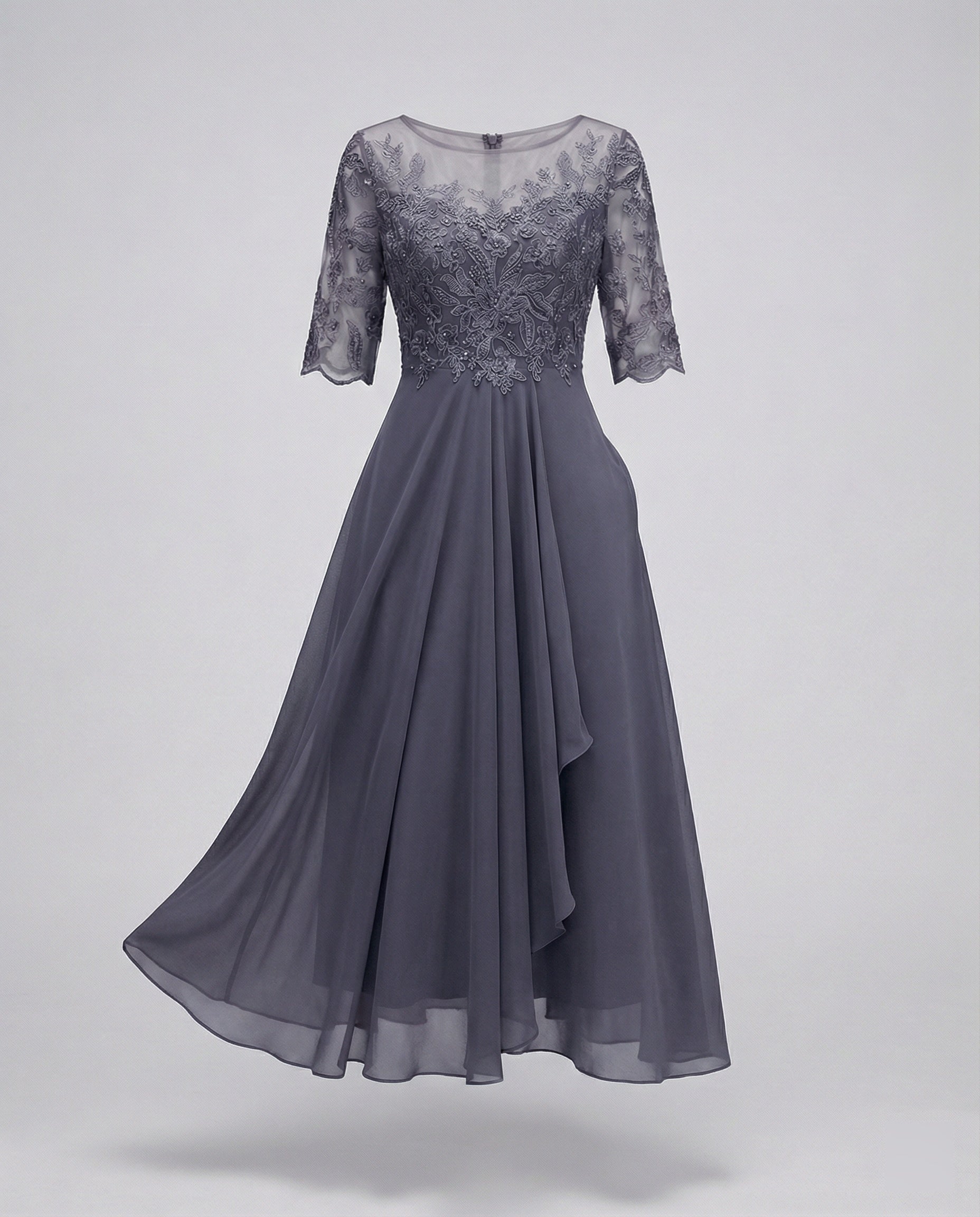 Women's Lace Bodice Midi Dress - Boat Neck and Ruffled Hem Detail
