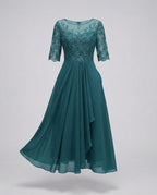 Women's Lace Bodice Midi Dress - Boat Neck and Ruffled Hem Detail