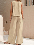 Women's Linen 2-Piece Set - Sleeveless Top and Wide-Leg Trousers