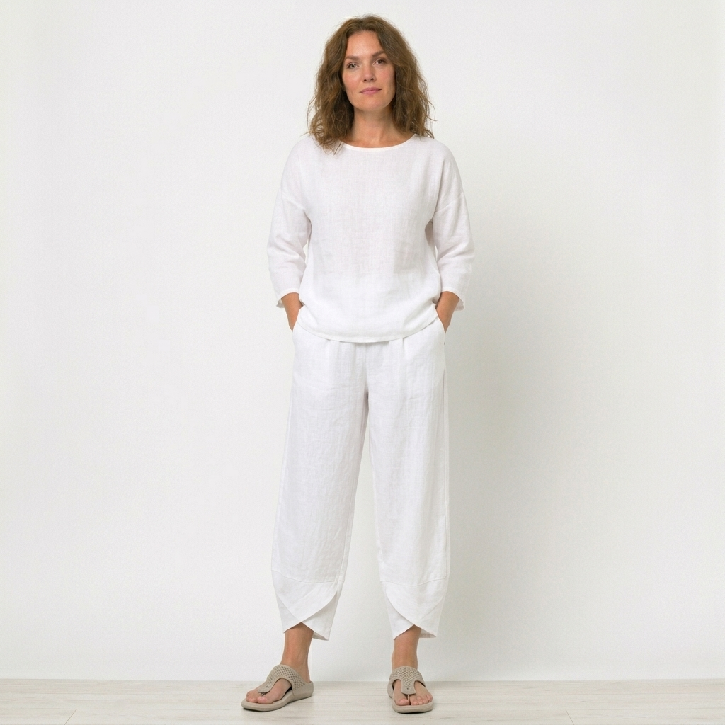 Women's Linen Trousers - Wide-Leg and Tulip Hem Detail