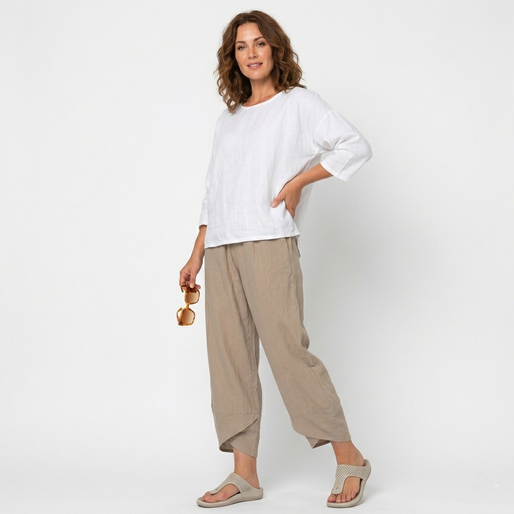Women's Linen Trousers - Wide-Leg and Tulip Hem Detail