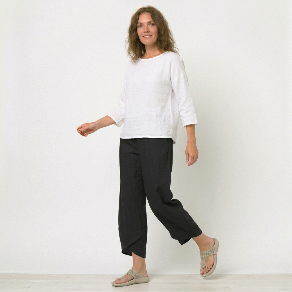 Women's Linen Trousers - Wide-Leg and Tulip Hem Detail