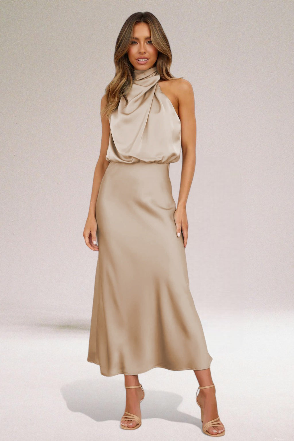 Women's Midi Dress - High-Neck and Draped Bodice Detail