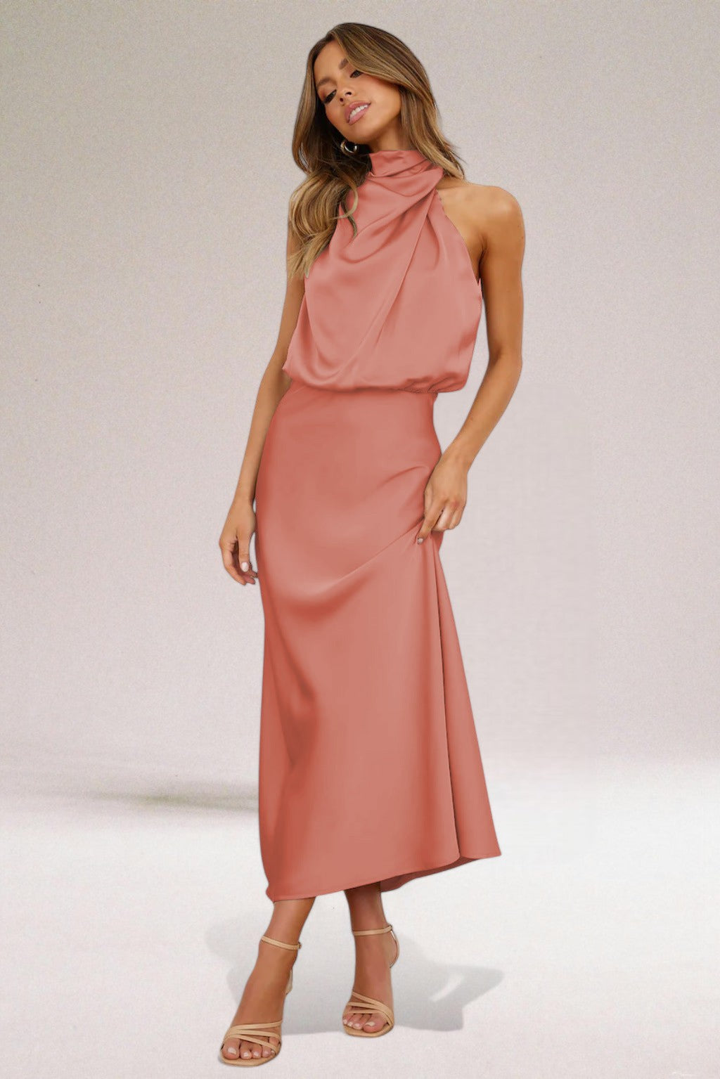 Women's Midi Dress - High-Neck and Draped Bodice Detail