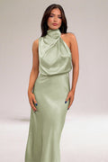 Women's Midi Dress - High-Neck and Draped Bodice Detail