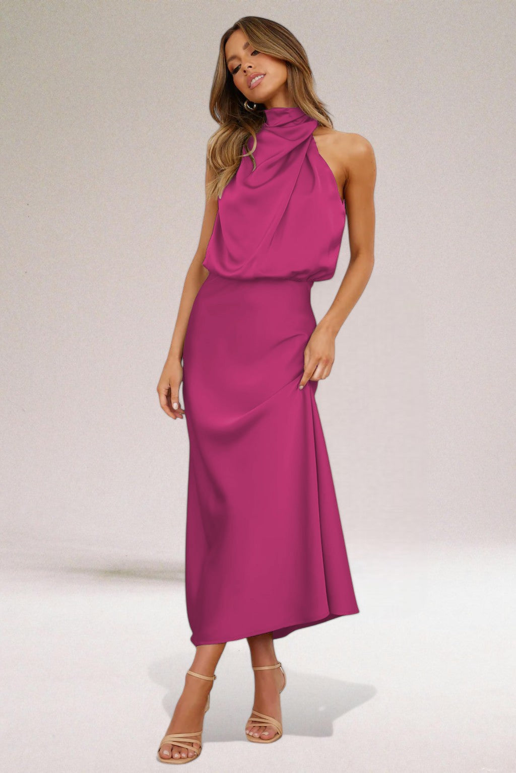 Women's Midi Dress - High-Neck and Draped Bodice Detail