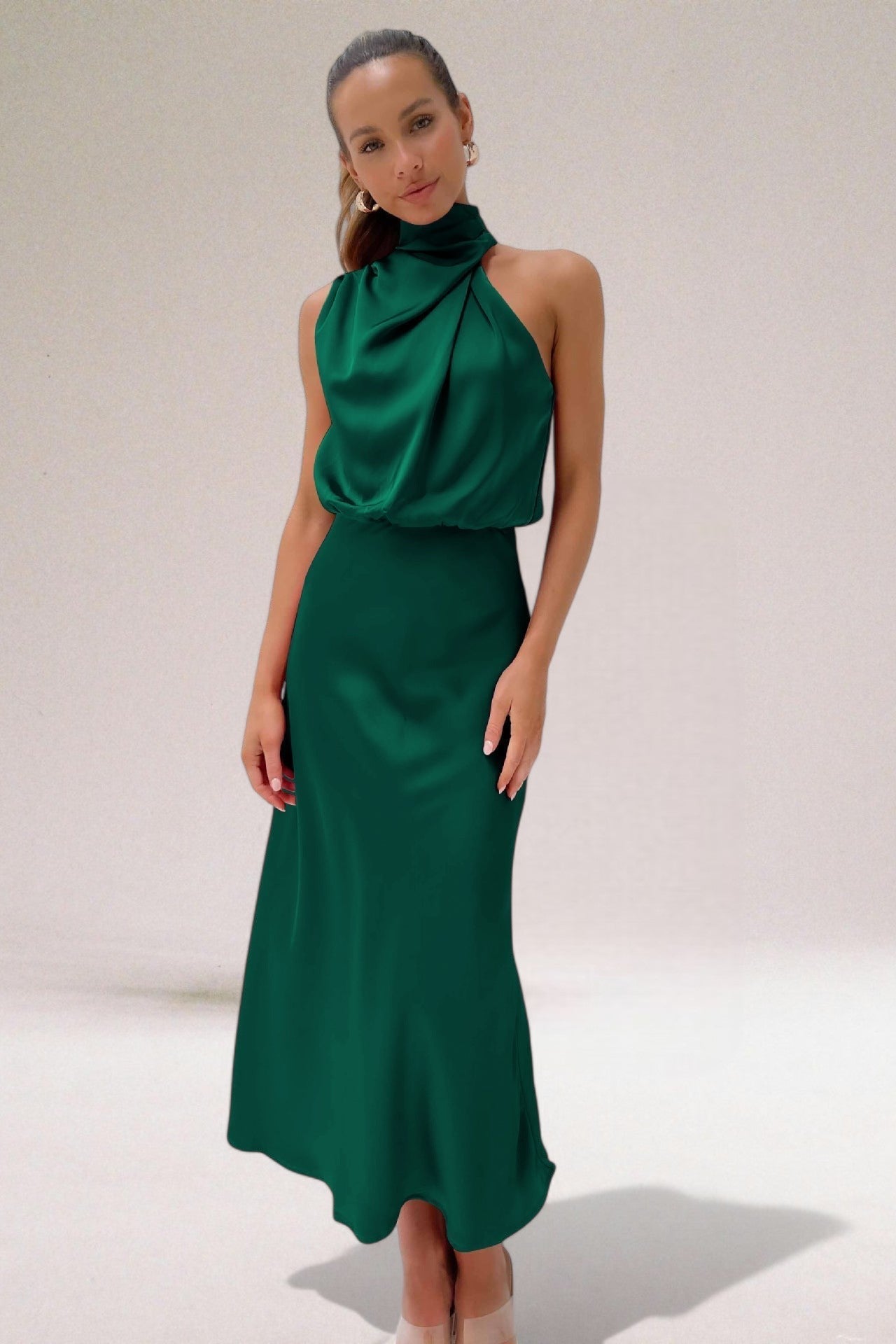Women's Midi Dress - High-Neck and Draped Bodice Detail