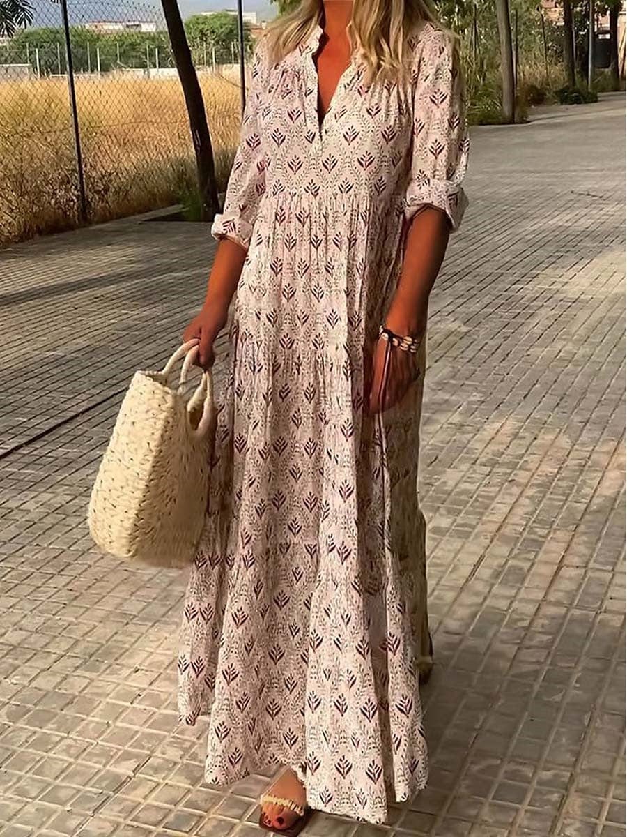 Women's Printed Maxi Dress V-Neck Tiered Skirt and Long Sleeves