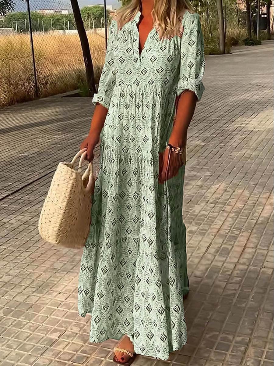 Women's Printed Maxi Dress V-Neck Tiered Skirt and Long Sleeves