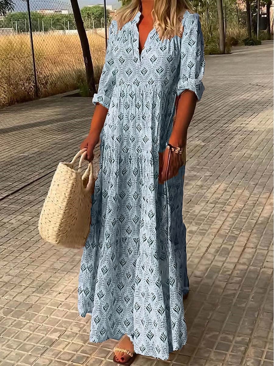 Women's Printed Maxi Dress V-Neck Tiered Skirt and Long Sleeves