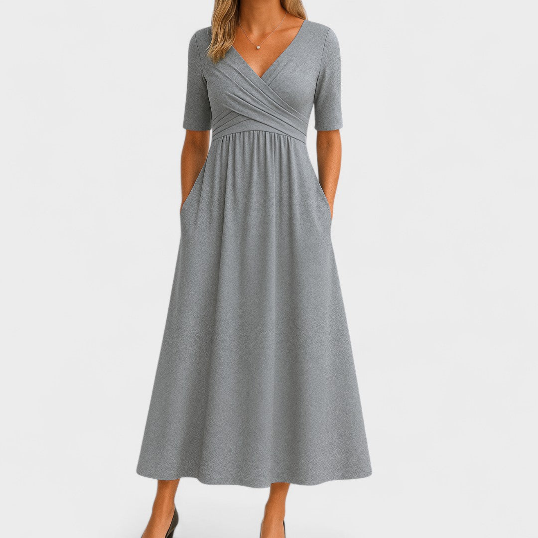 Women's Midi Dress - Surplice Neckline and Side Pockets Detail