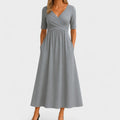 Women's Midi Dress - Surplice Neckline and Side Pockets Detail