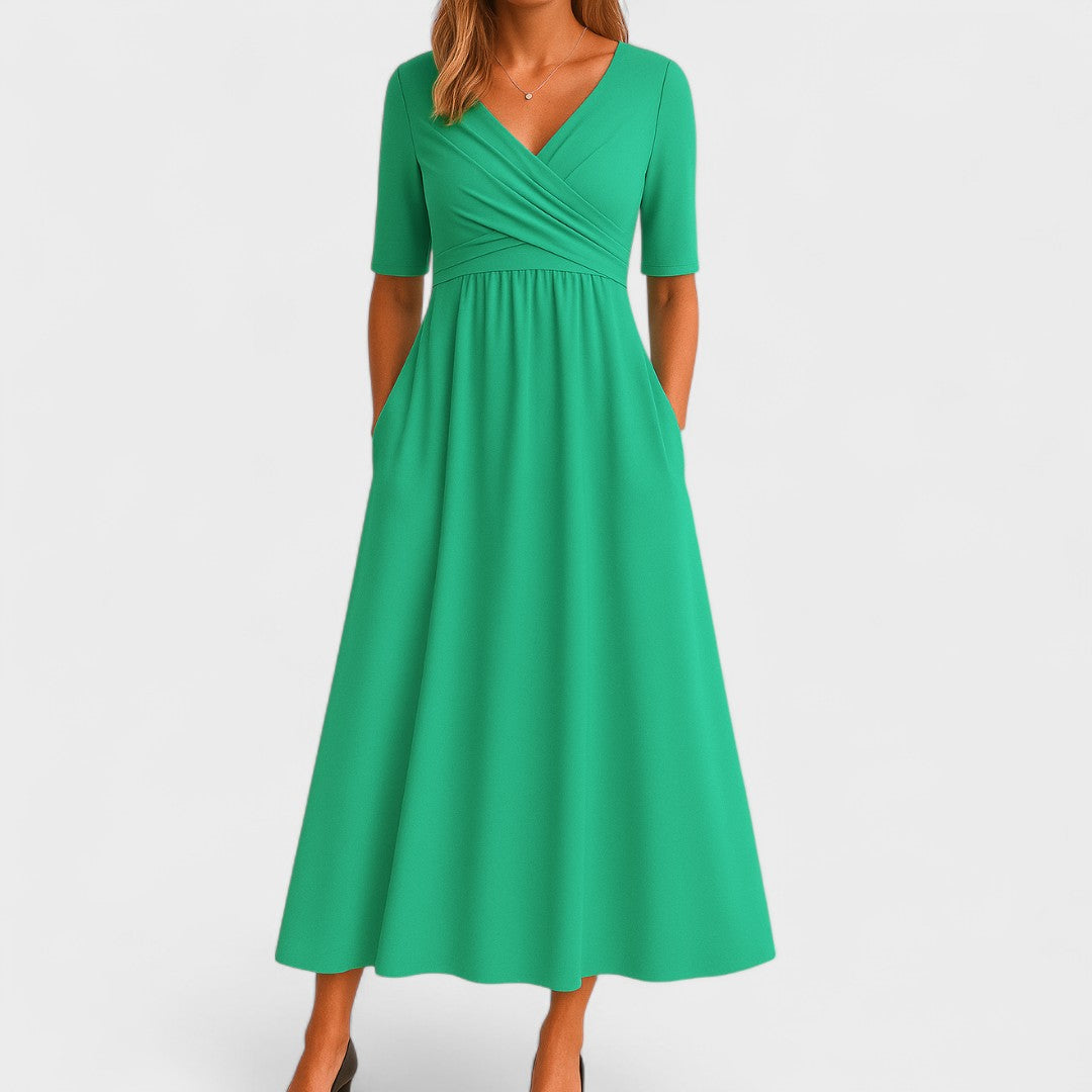 Women's Midi Dress - Surplice Neckline and Side Pockets Detail