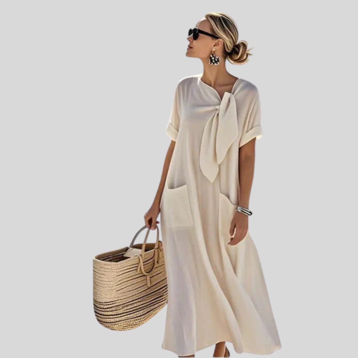 Women's Linen Dress Tie Neck Maxi Pockets