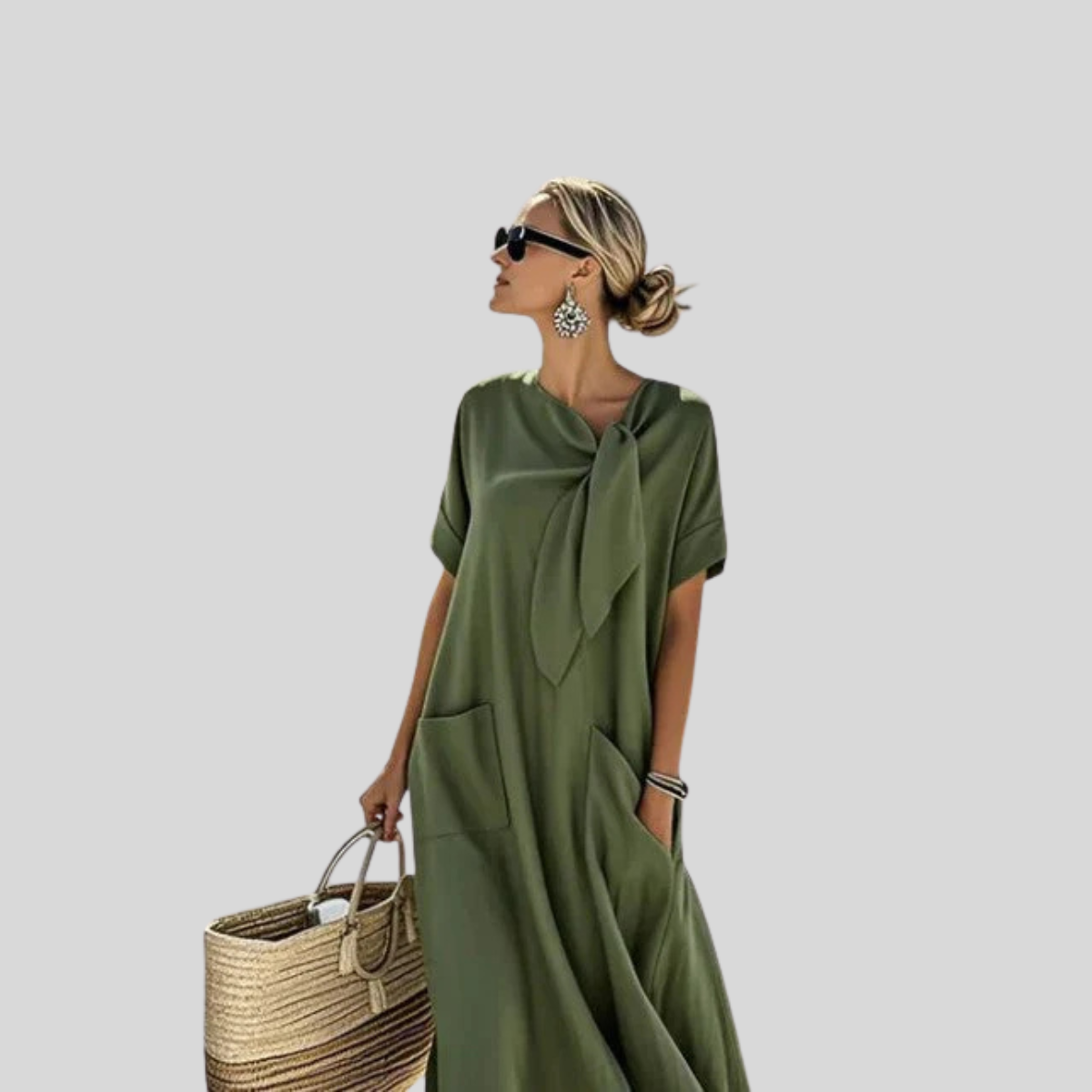 Women's Linen Dress Tie Neck Maxi Pockets