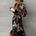 Women's Dark Green Floral Maxi Dress Collared Tie Waist
