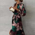 Women's Dark Green Floral Maxi Dress Collared Tie Waist