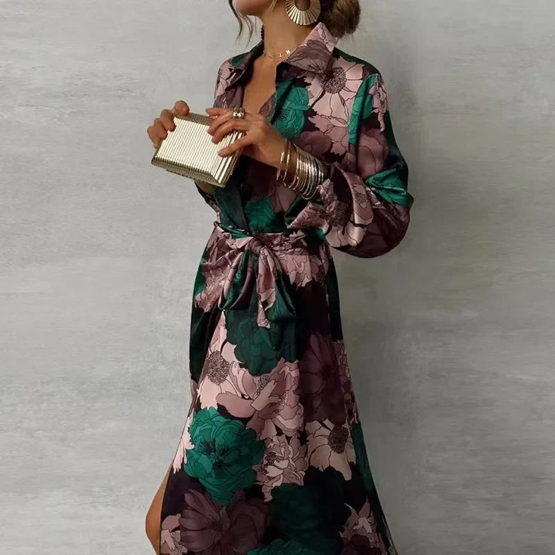 Women's Dark Green Floral Maxi Dress Collared Tie Waist